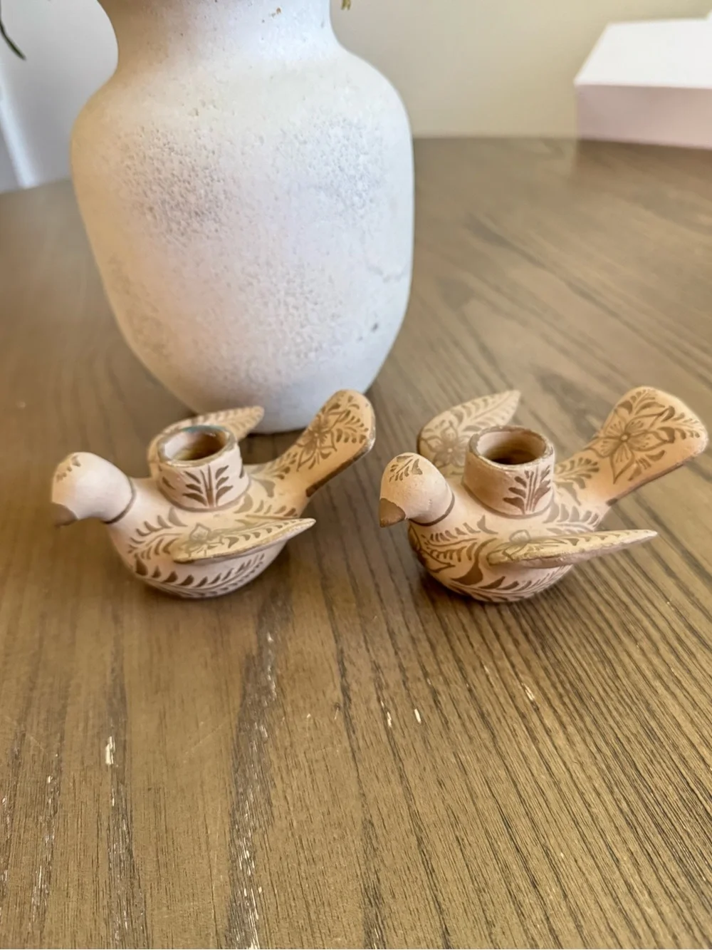 Vintage Hand-Painted Ceramic Bird Candle Holders — Beige